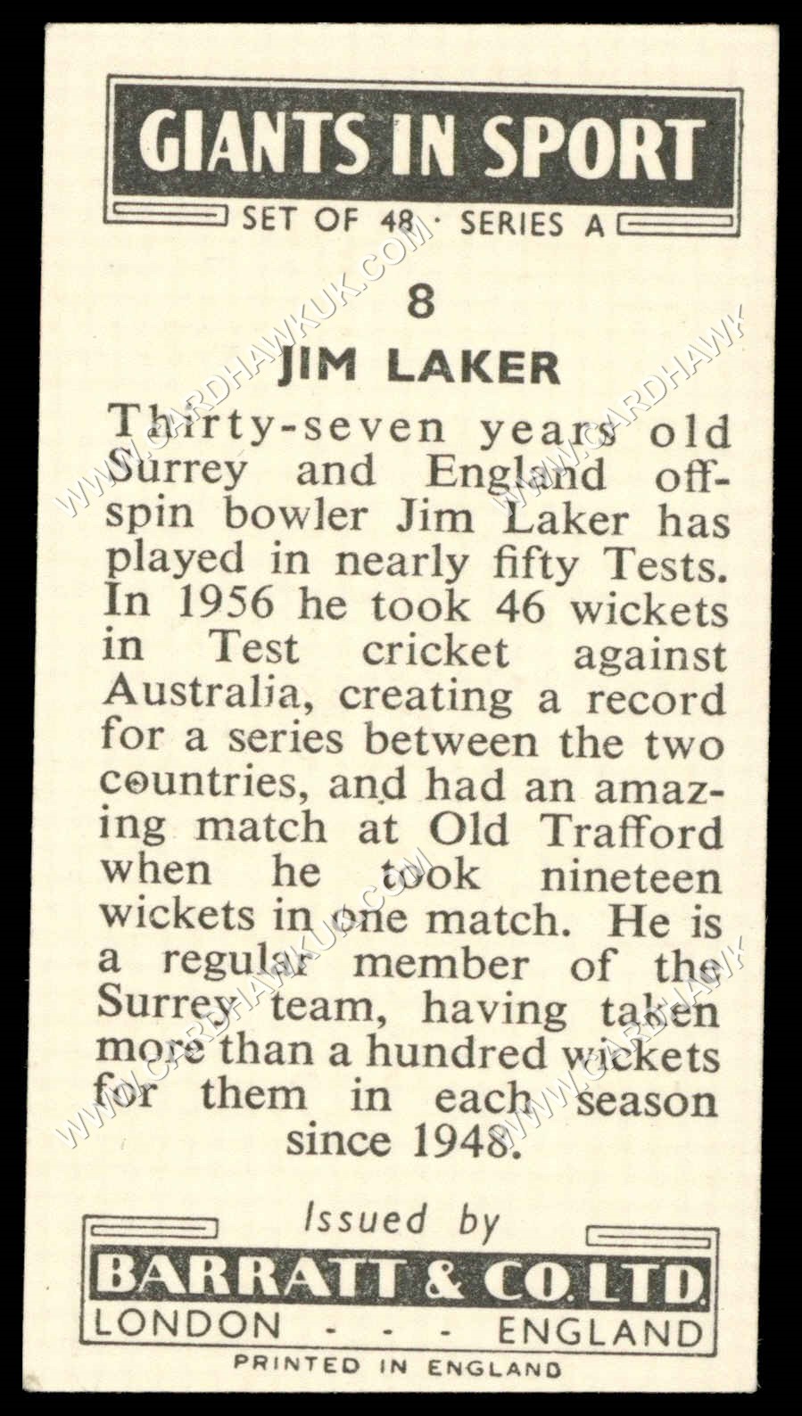 Barratt - 'Giants in Sport' #8 - Jim Laker (Cricket) (1959) Barratt - 'Giants in Sport' #8 - Jim Laker (Cricket) (1959)