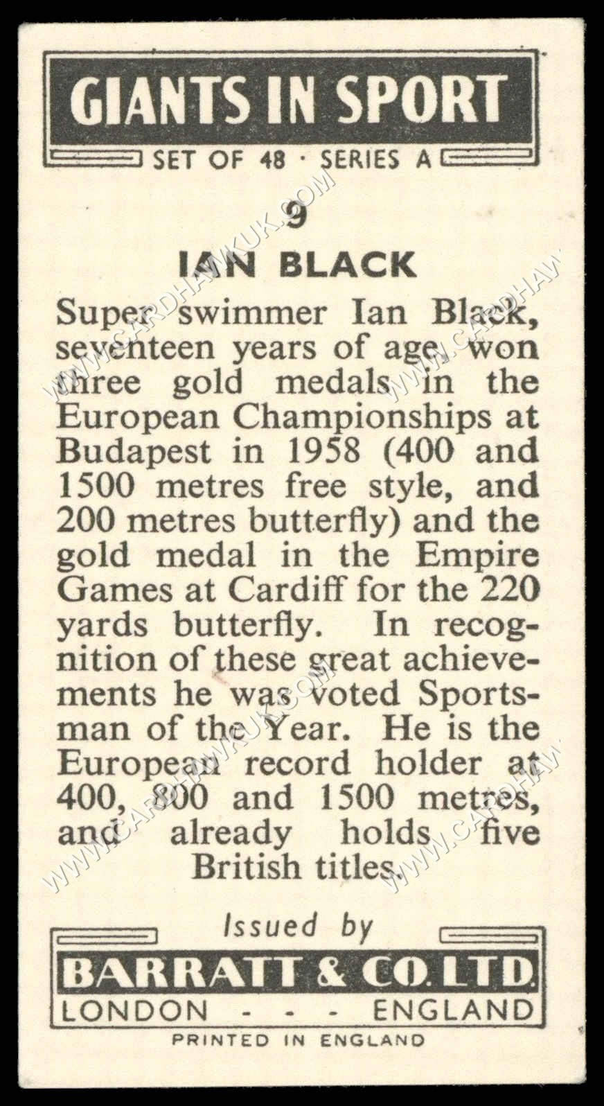 Barratt - 'Giants in Sport' #9 - Ian Black (Swimming) (1959) Barratt - 'Giants in Sport' #9 - Ian Black (Swimming) (1959)