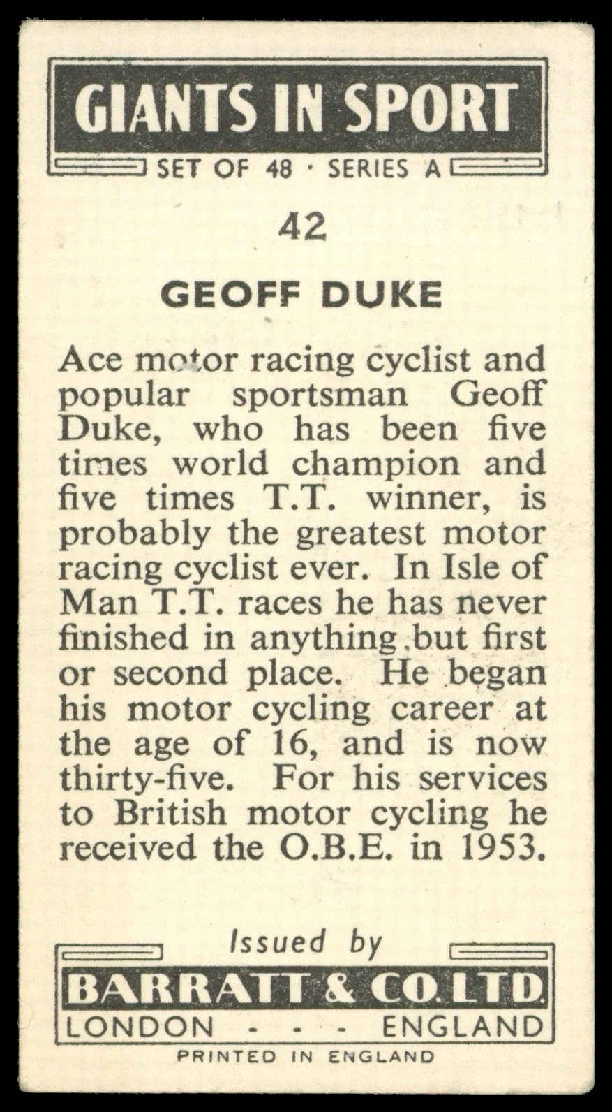 Barratt - 'Giants in Sport' (1959) - Geoff Duke (Motor Cycling) Barratt - 'Giants in Sport' (1959) - Geoff Duke (Motor Cycling)