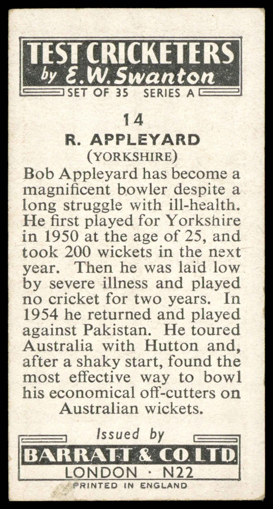 Barratt - 'Test Cricketers by E.W. Swanston' (1956) - R. Appleyard (Yorkshire) Barratt - 'Test Cricketers by E.W. Swanston' (1956) - R. Appleyard (Yorkshire)
