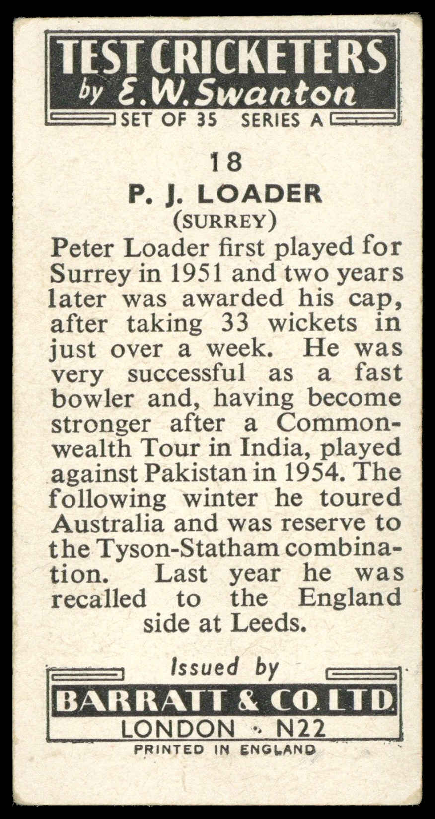 Barratt - 'Test Cricketers by E.W. Swanston' (1956) - P.J. Loader (Surrey) Barratt - 'Test Cricketers by E.W. Swanston' (1956) - P.J. Loader (Surrey)