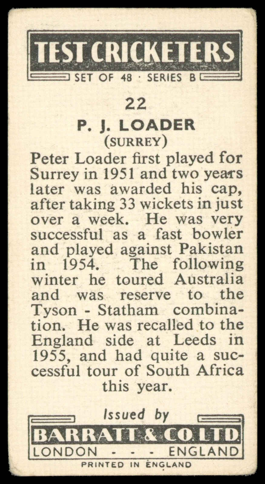 Barratt - 'Test Cricketers (Series B)' (1957) - P.J. Loader (Surrey) Barratt - 'Test Cricketers (Series B)' (1957) - P.J. Loader (Surrey)