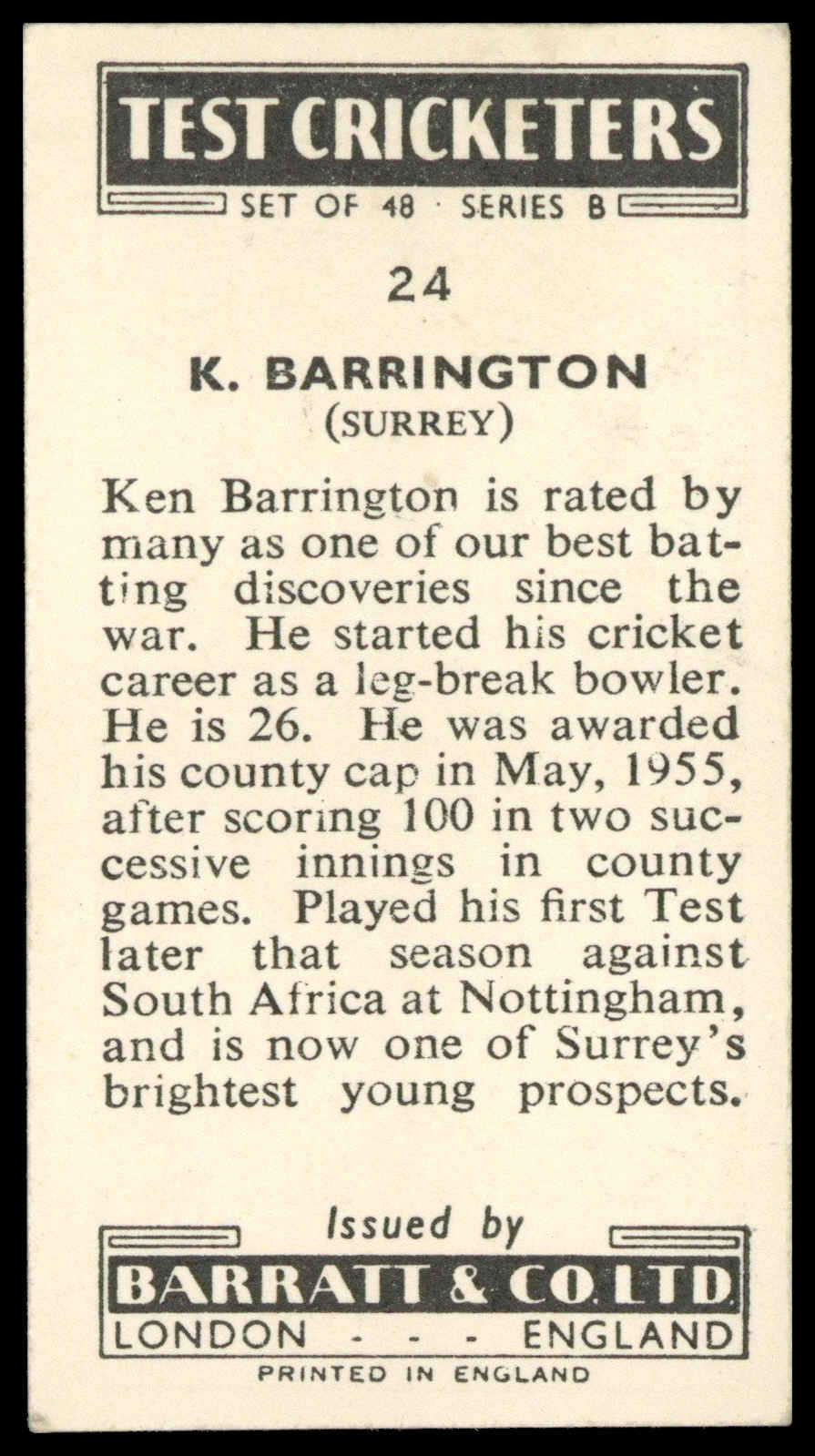 Barratt - 'Test Cricketers (Series B)' (1957) - K. Barrington (Surrey) Barratt - 'Test Cricketers (Series B)' (1957) - K. Barrington (Surrey)