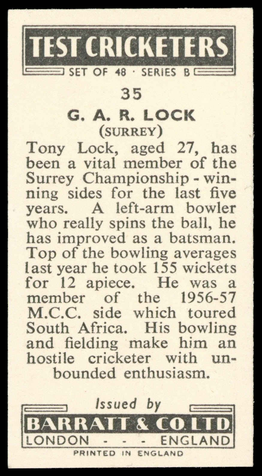 Barratt - 'Test Cricketers (Series B)' (1957) - G.A.R. Lock (Surrey) Barratt - 'Test Cricketers (Series B)' (1957) - G.A.R. Lock (Surrey)