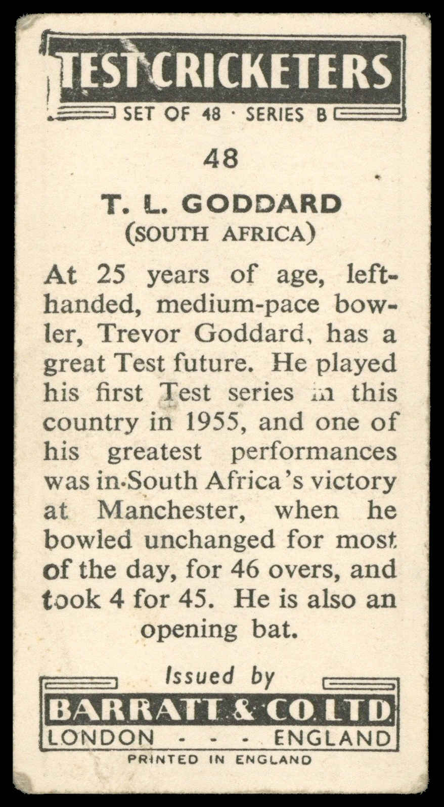 Barratt - 'Test Cricketers (Series B)' (1957) - T.L. Goddard (South Africa) Barratt - 'Test Cricketers (Series B)' (1957) - T.L. Goddard (South Africa)