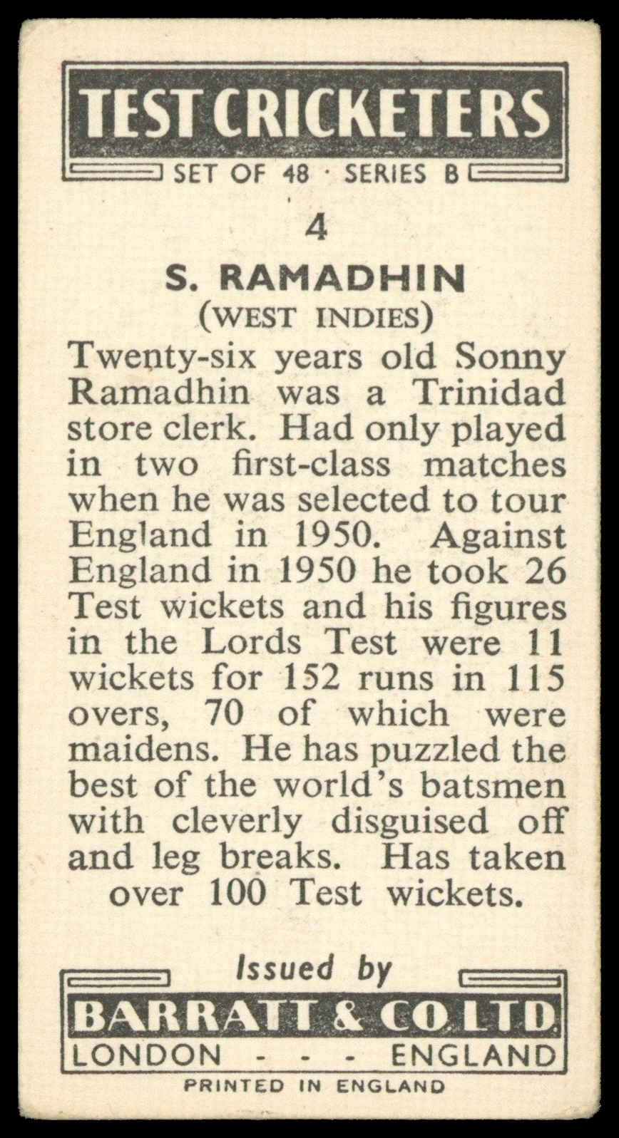 Barratt - 'Test Cricketers (Series B)' (1957) - S. Ramadhin (West Indies) Barratt - 'Test Cricketers (Series B)' (1957) - S. Ramadhin (West Indies)
