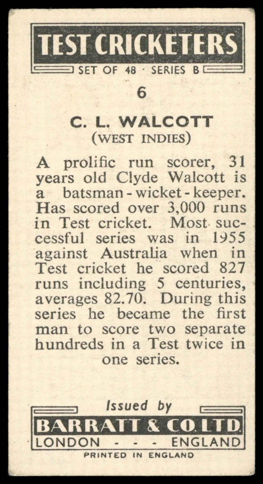 Barratt - 'Test Cricketers (Series B)' (1957) - C.L. Walcott (West Indies) Barratt - 'Test Cricketers (Series B)' (1957) - C.L. Walcott (West Indies)