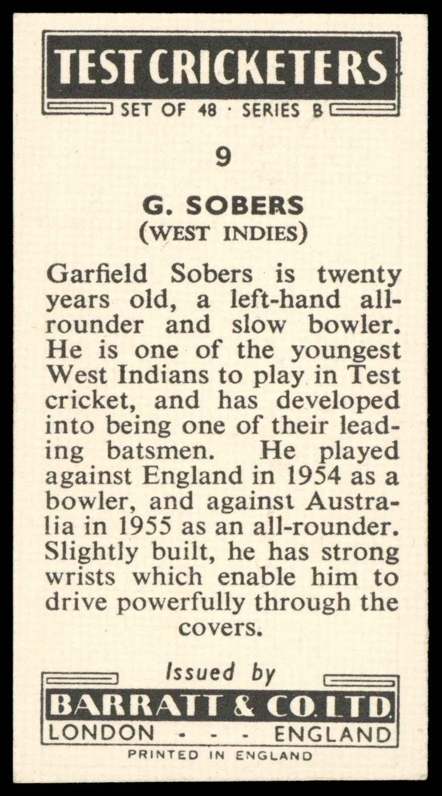 Barratt - 'Test Cricketers (Series B)' (1957) - G. Sobers (West Indies) Barratt - 'Test Cricketers (Series B)' (1957) - G. Sobers (West Indies)