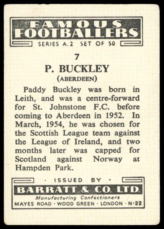 Barratt - 'Famous Footballers A.2' (1954) - P. Buckley (Aberdeen) Barratt - 'Famous Footballers A.2' (1954) - P. Buckley (Aberdeen)