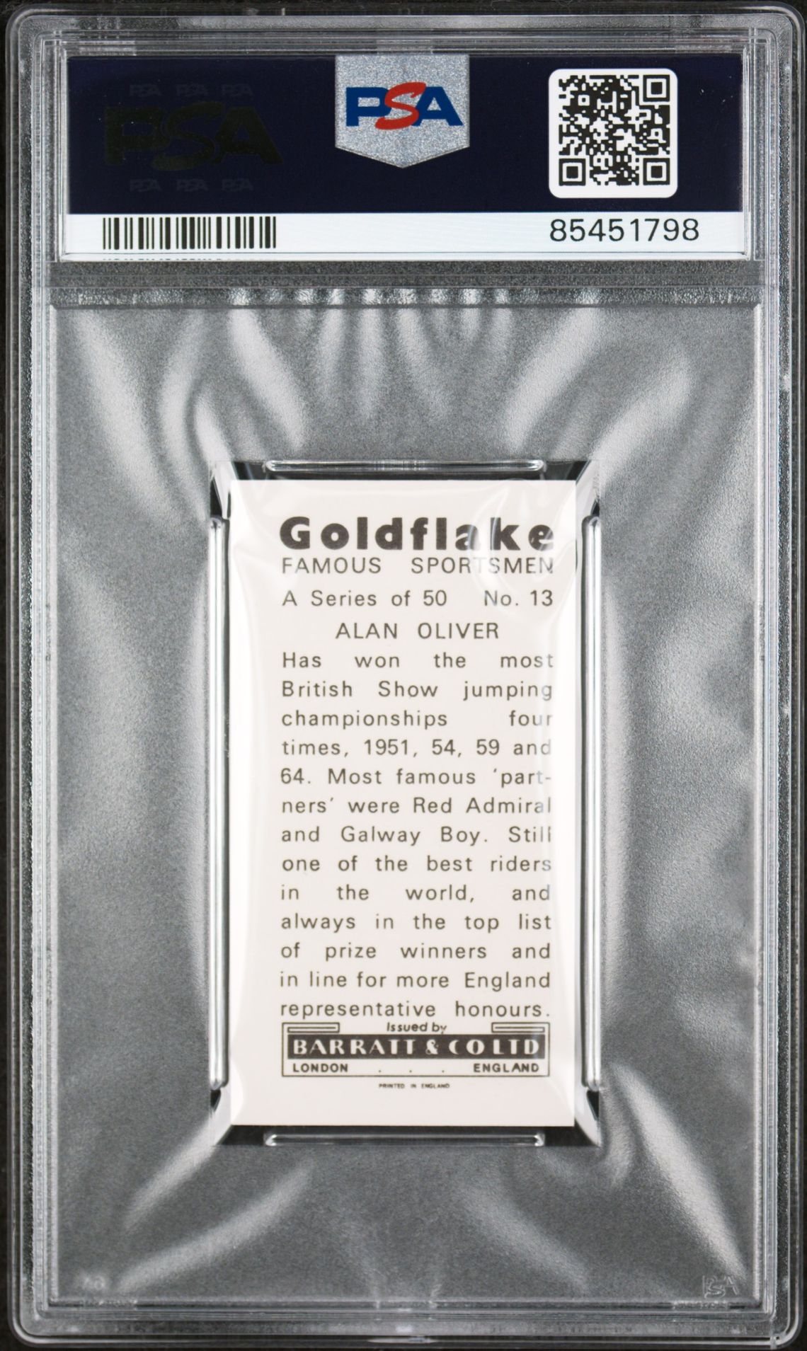 Barratt - 'Famous Sportsmen' (1971) - Alan Oliver (Show Jumping - blue coat) **PSA6** Barratt - 'Famous Sportsmen' (1971) - Alan Oliver (Show Jumping - blue coat) **PSA6**