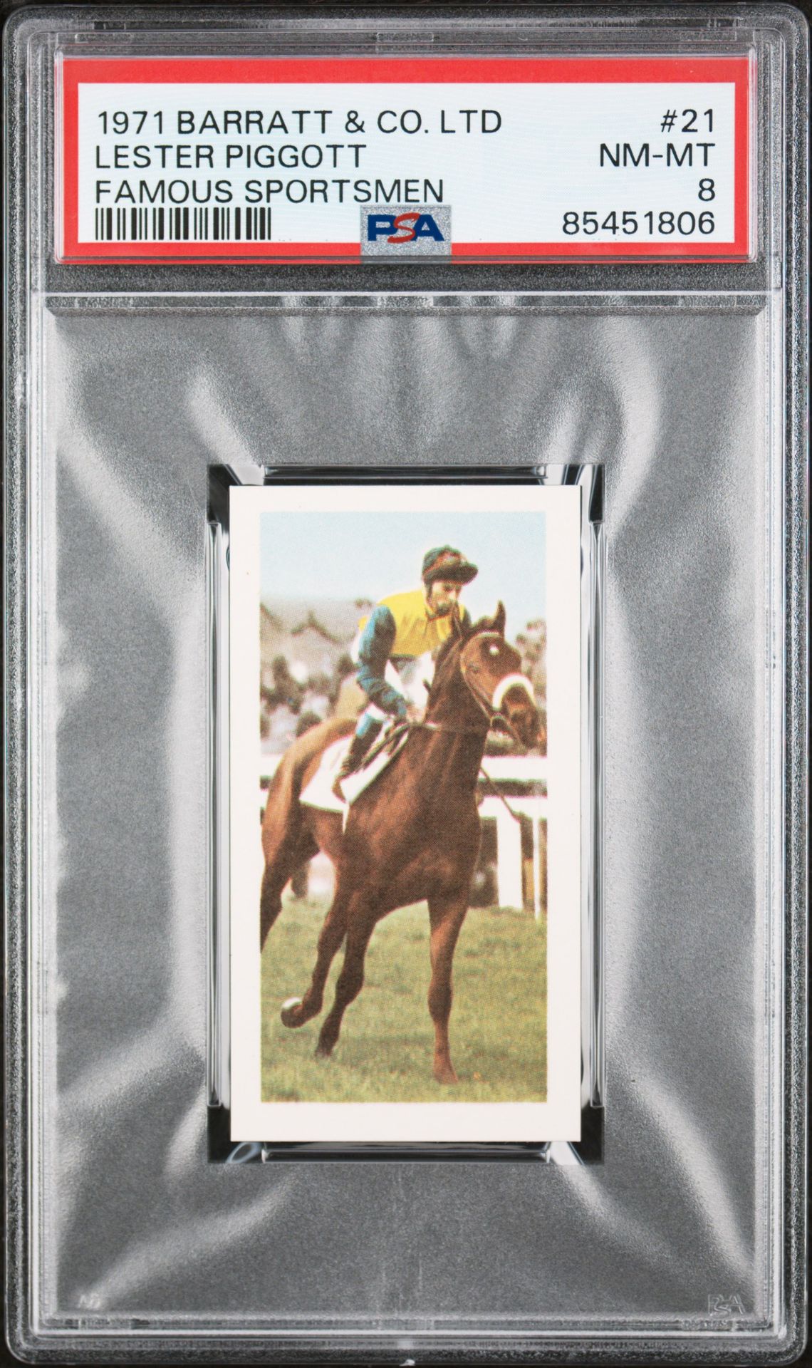 Barratt - 'Famous Sportsmen' (1971) - Lester Piggott (Horse Racing) **PSA8** Barratt - 'Famous Sportsmen' (1971) - Lester Piggott (Horse Racing) **PSA8**
