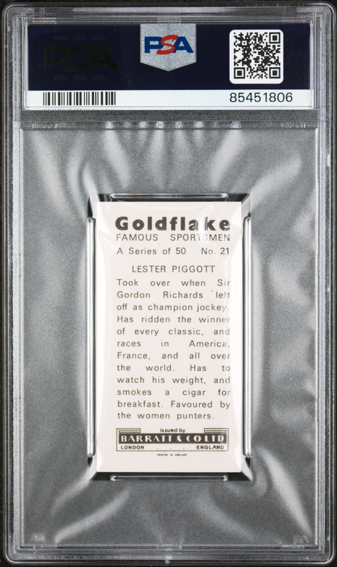 Barratt - 'Famous Sportsmen' (1971) - Lester Piggott (Horse Racing) **PSA8** Barratt - 'Famous Sportsmen' (1971) - Lester Piggott (Horse Racing) **PSA8**