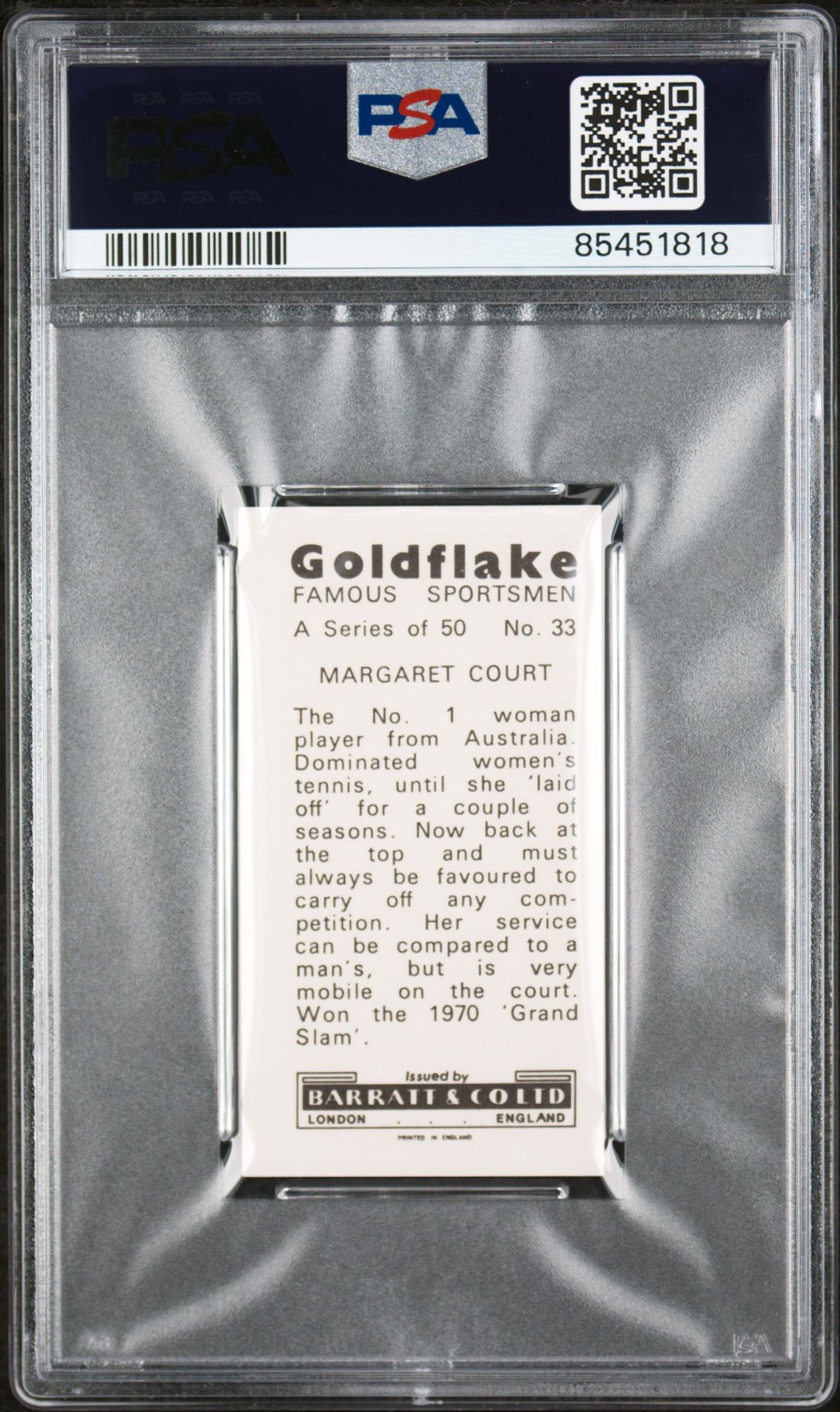 Barratt - 'Famous Sportsmen' (1971) - Margaret Court (Tennis) **PSA8** Barratt - 'Famous Sportsmen' (1971) - Margaret Court (Tennis) **PSA8**