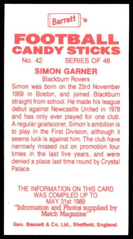Bassett & Co - 'Football 1989-90 (Red Back)' - Card #42 - Simon Garner (Blackburn) Bassett & Co - 'Football 1989-90 (Red Back)' - Card #42 - Simon Garner (Blackburn)