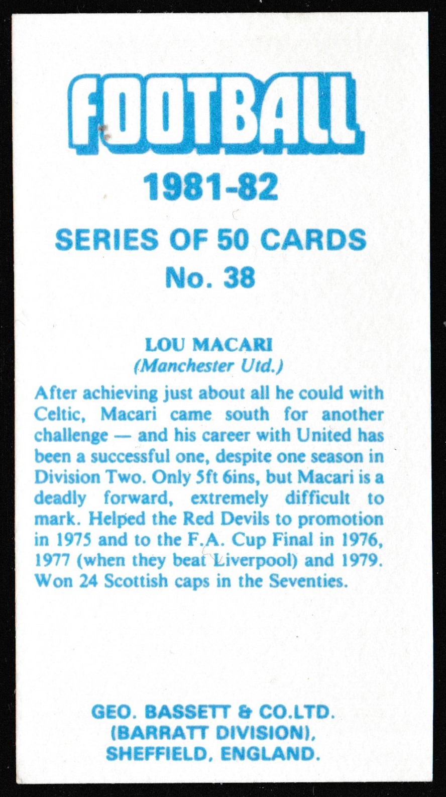 Bassett & Co - 'Footballers 1981-82' (1981) - Card #38 - Lou Macari (Manchester United) Bassett & Co - 'Footballers 1981-82' (1981) - Card #38 - Lou Macari (Manchester United)