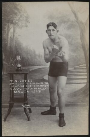 J Vella - 'Pte Gates Light Weight Champion Army Navy Malta 1913' (1913) - Unused Boxing Postcard