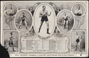 Real Photo - 'Bill Squires and Men he defeated (Tear to left corner)' (c1908) - Unused Boxing Postcard