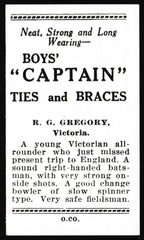 Boys Captain - 'Australian Cricketers' (1938) - R.G. Gregory (Victoria) Boys Captain - 'Australian Cricketers' (1938) - R.G. Gregory (Victoria)