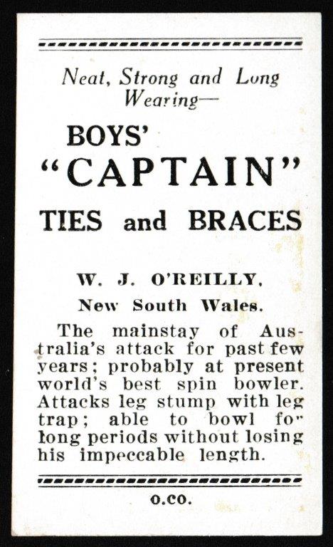 Boys Captain - 'Australian Cricketers' (1938) - W.J. O'Reilly (New South Wales) Boys Captain - 'Australian Cricketers' (1938) - W.J. O'Reilly (New South Wales)