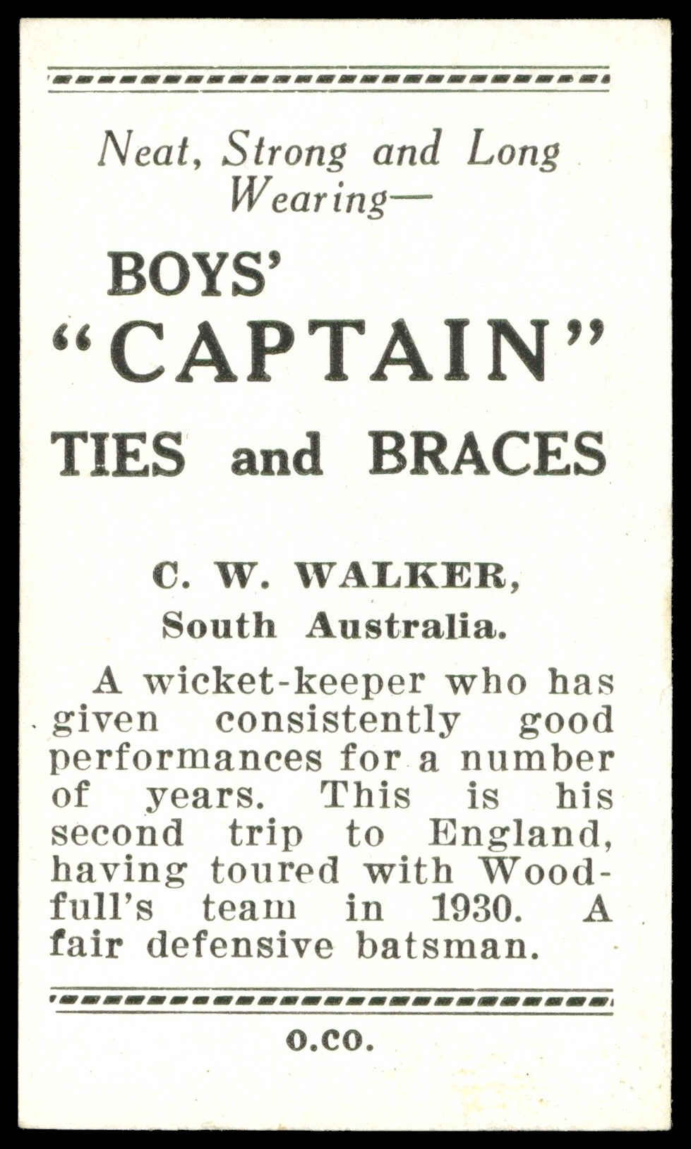 Boys Captain - 'Australian Cricketers' (1938) - C.W. Walker (South Australia) Boys Captain - 'Australian Cricketers' (1938) - C.W. Walker (South Australia)