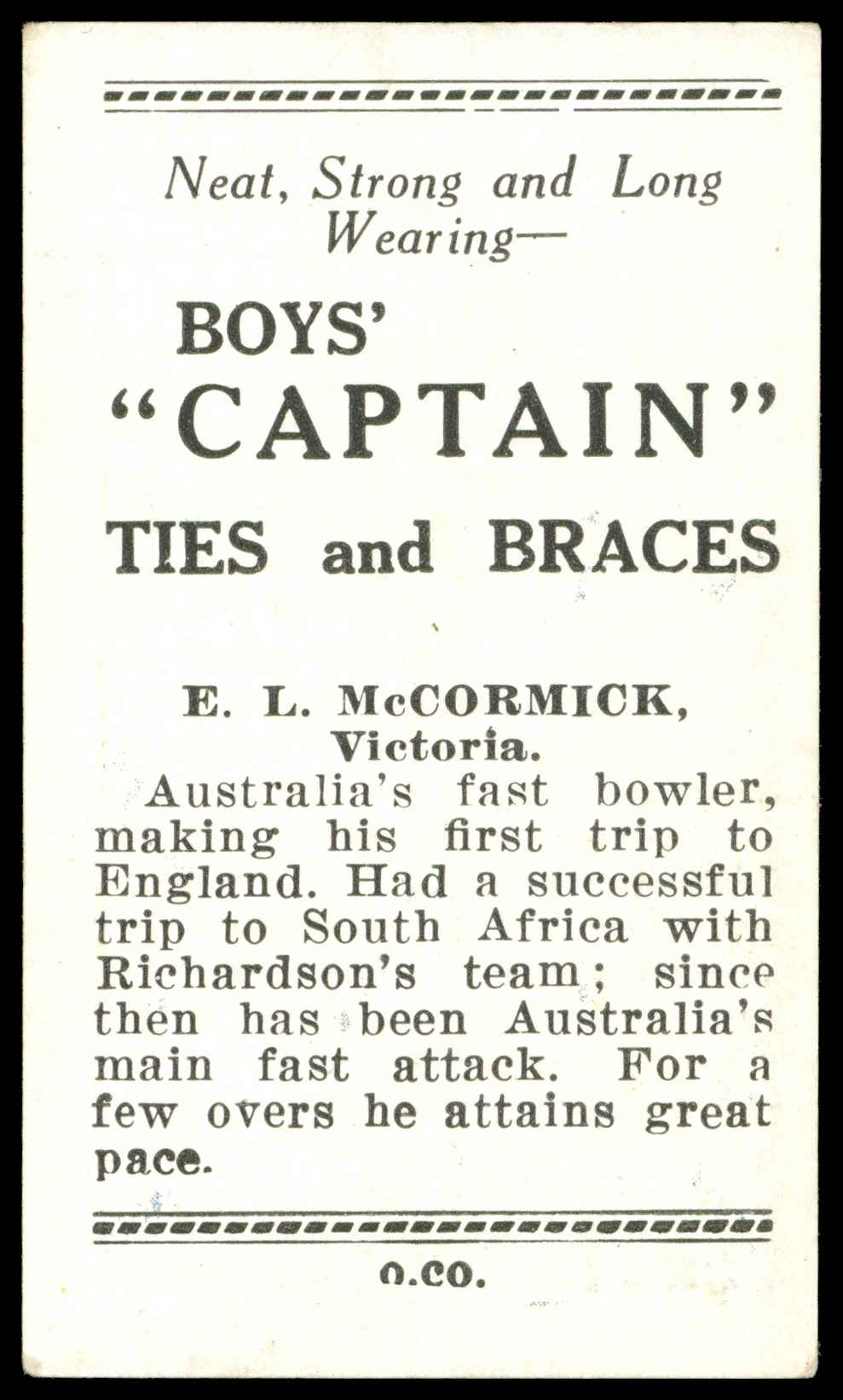 Boys Captain - 'Australian Cricketers' (1938) - E.L. McCormick (Victoria) Boys Captain - 'Australian Cricketers' (1938) - E.L. McCormick (Victoria)