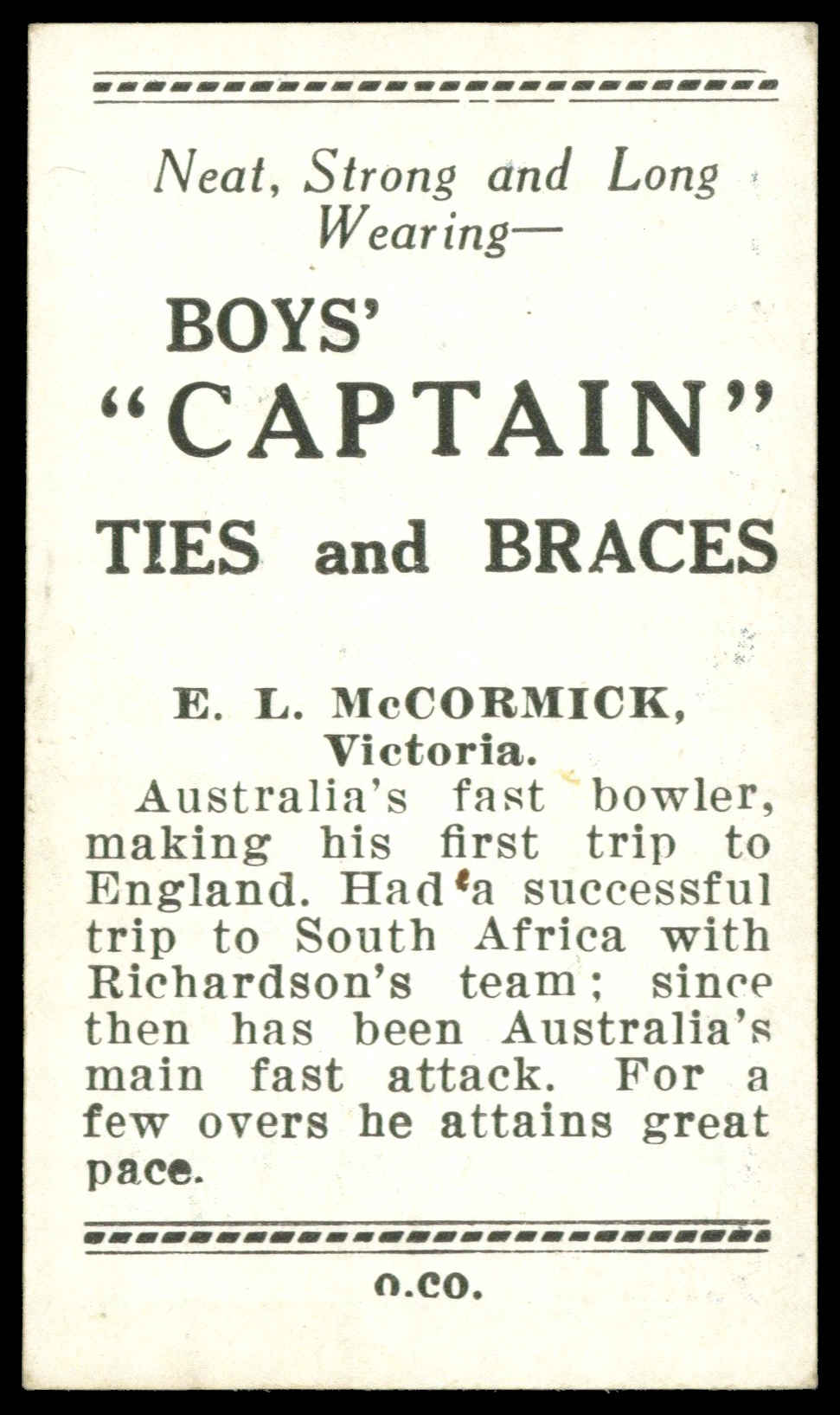 Boys Captain - 'Australian Cricketers' (1938) - E.L. McCormick (Victoria) Boys Captain - 'Australian Cricketers' (1938) - E.L. McCormick (Victoria)