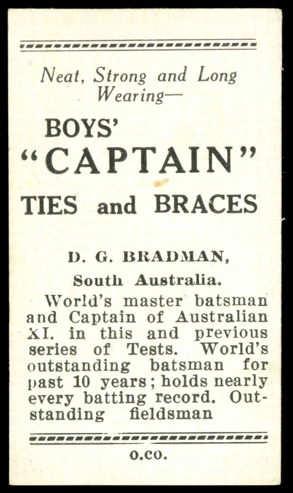 Boys Captain - 'Australian Cricketers' (1938) - D.G. Bradman (South Australia) **PSA5** Boys Captain - 'Australian Cricketers' (1938) - D.G. Bradman (South Australia) **PSA5**