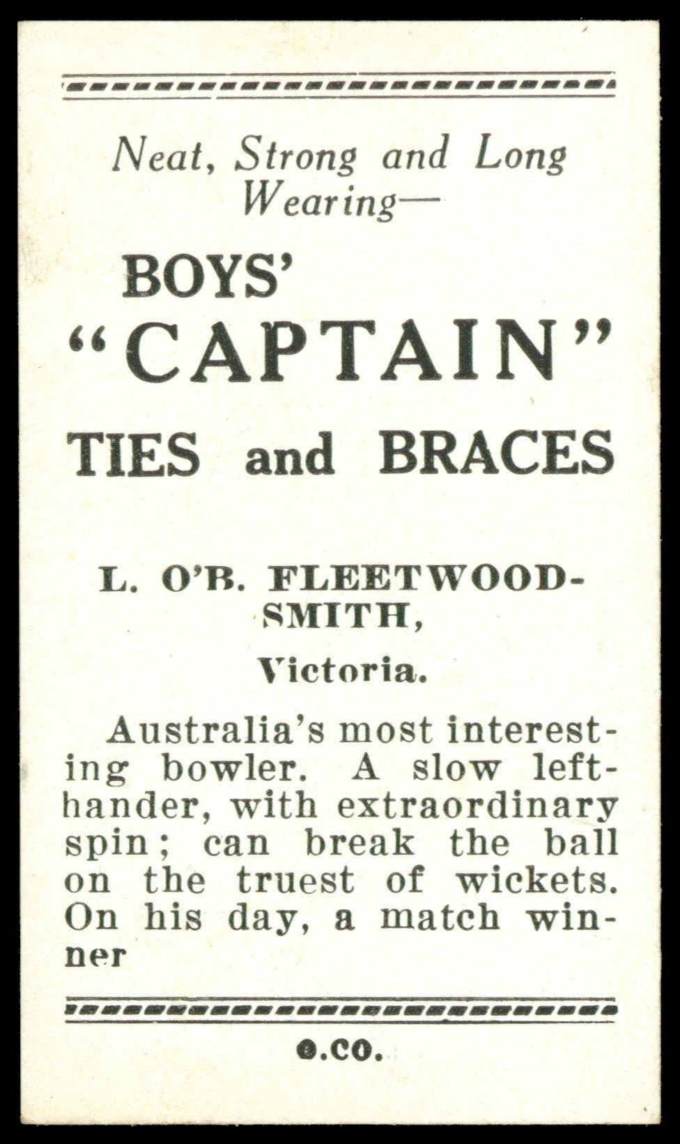 Boys Captain - 'Australian Cricketers' (1938) - L. O'Brien Fleetwood-Smith (Victoria) Boys Captain - 'Australian Cricketers' (1938) - L. O'Brien Fleetwood-Smith (Victoria)