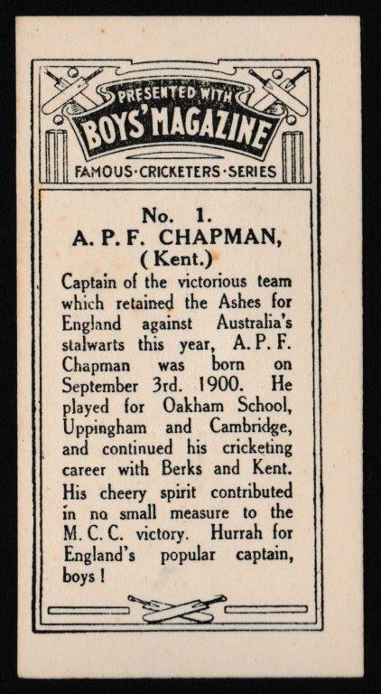Boys' Magazine - 'Famous Cricketers' (1928) - A.P.F. Chapman (Kent) Boys' Magazine - 'Famous Cricketers' (1928) - A.P.F. Chapman (Kent)