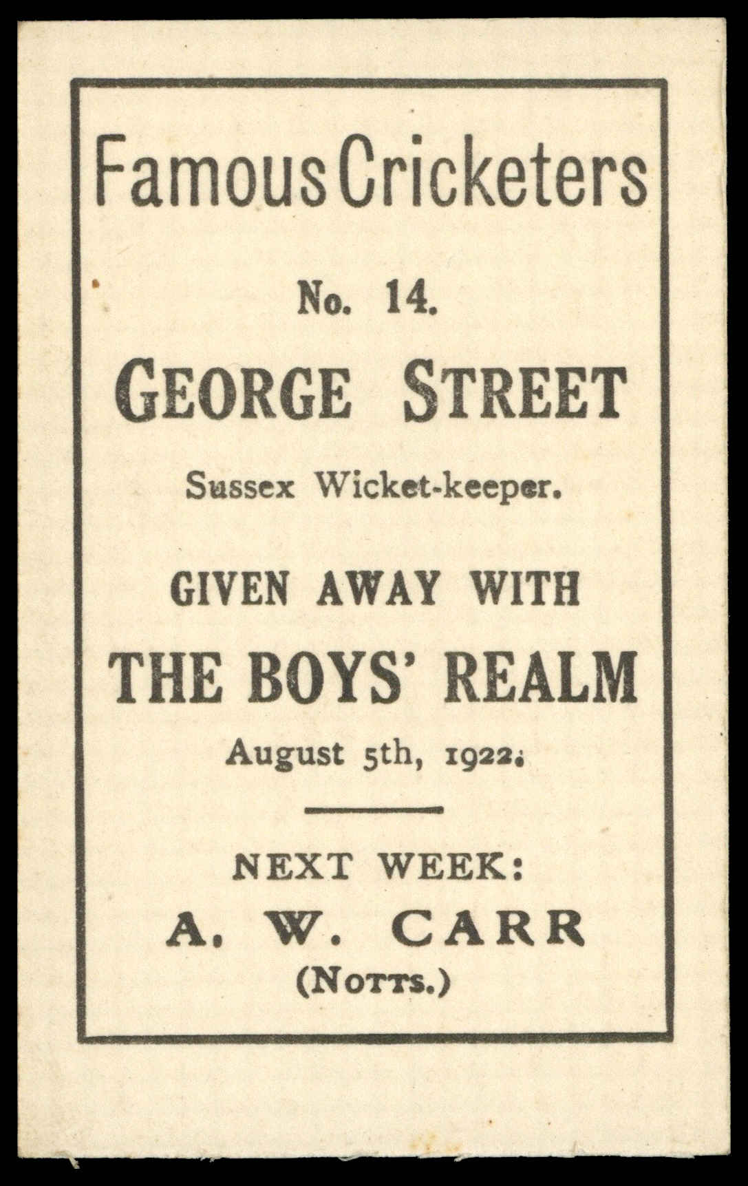 Boys' Realm - 'Famous Cricketers' (1922) - #14 - George Street (Sussex) Boys' Realm - 'Famous Cricketers' (1922) - #14 - George Street (Sussex)