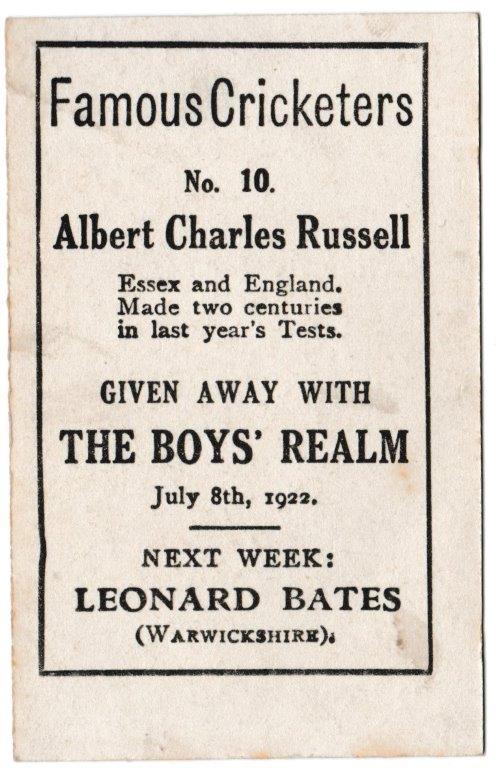 Boys' Realm - 'Famous Cricketers' (1922) - Albert Charles Russell (Essex) Boys' Realm - 'Famous Cricketers' (1922) - Albert Charles Russell (Essex)