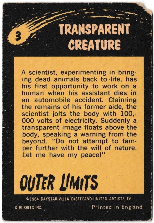 Bubbles Inc - 'Outer Limits' (1964) - Card #3 - Transparent Creature Bubbles Inc - 'Outer Limits' (1964) - Card #3 - Transparent Creature