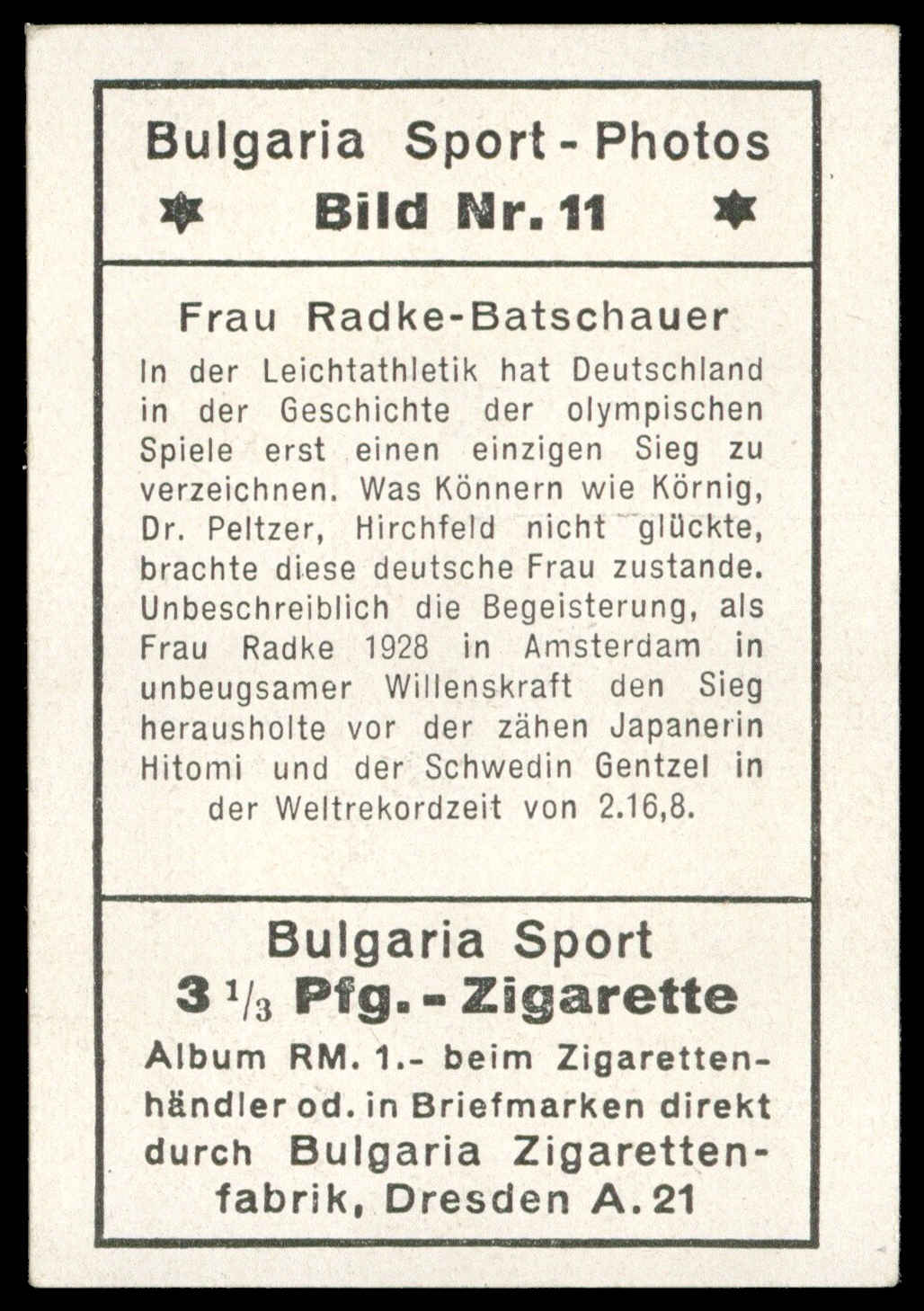 Bulgaria Zigarettenfabrik - 'Sport Photos' (1932) - Frau Radke-Batschauer Bulgaria Zigarettenfabrik - 'Sport Photos' (1932) - Frau Radke-Batschauer