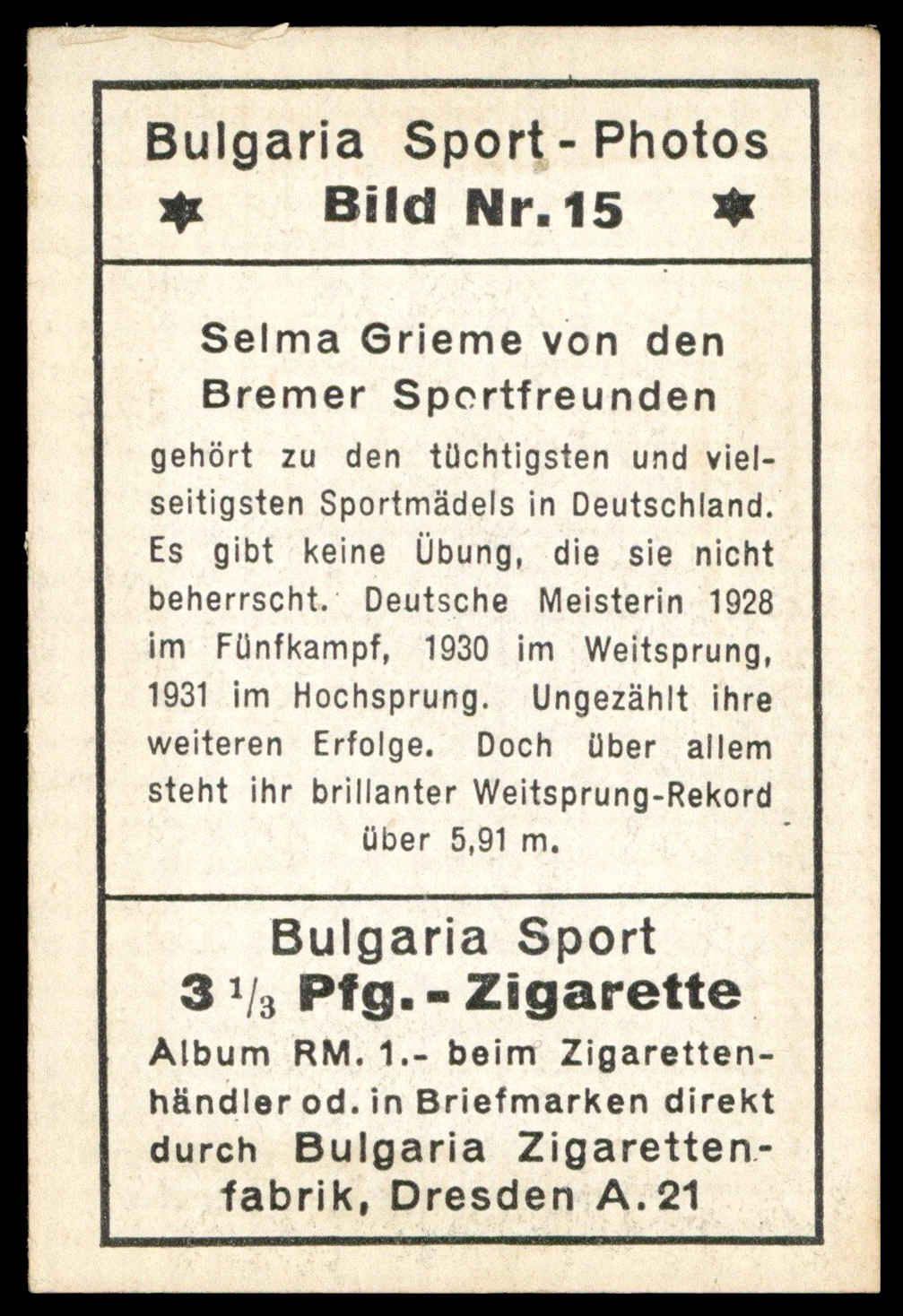 Bulgaria Zigarettenfabrik - 'Sport Photos' (1932) - Selma Grieme von den Bremer Sportfreunden Bulgaria Zigarettenfabrik - 'Sport Photos' (1932) - Selma Grieme von den Bremer Sportfreunden