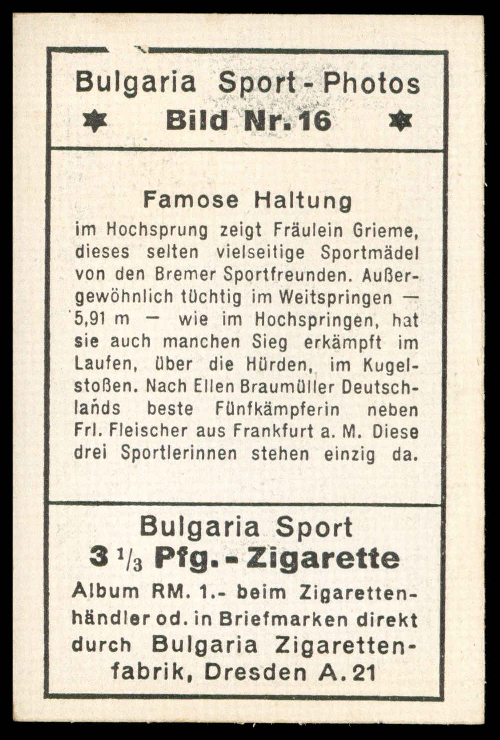 Bulgaria Zigarettenfabrik - 'Sport Photos' (1932) - Famose Haltung Bulgaria Zigarettenfabrik - 'Sport Photos' (1932) - Famose Haltung