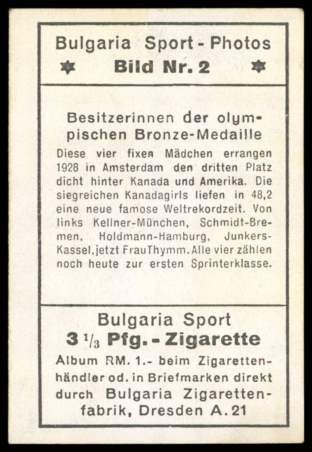 Bulgaria Zigarettenfabrik - 'Sport Photos' (1932) - Besitsserinnen der Olympischen Boronze Medaille Bulgaria Zigarettenfabrik - 'Sport Photos' (1932) - Besitsserinnen der Olympischen Boronze Medaille