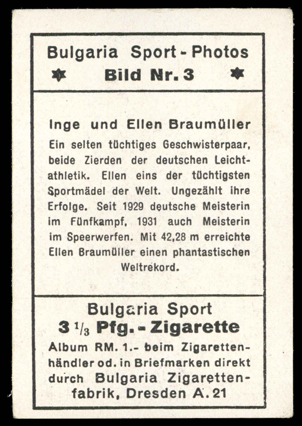 Bulgaria Zigarettenfabrik - 'Sport Photos' (1932) - Inge und Ellen Braumuller Bulgaria Zigarettenfabrik - 'Sport Photos' (1932) - Inge und Ellen Braumuller