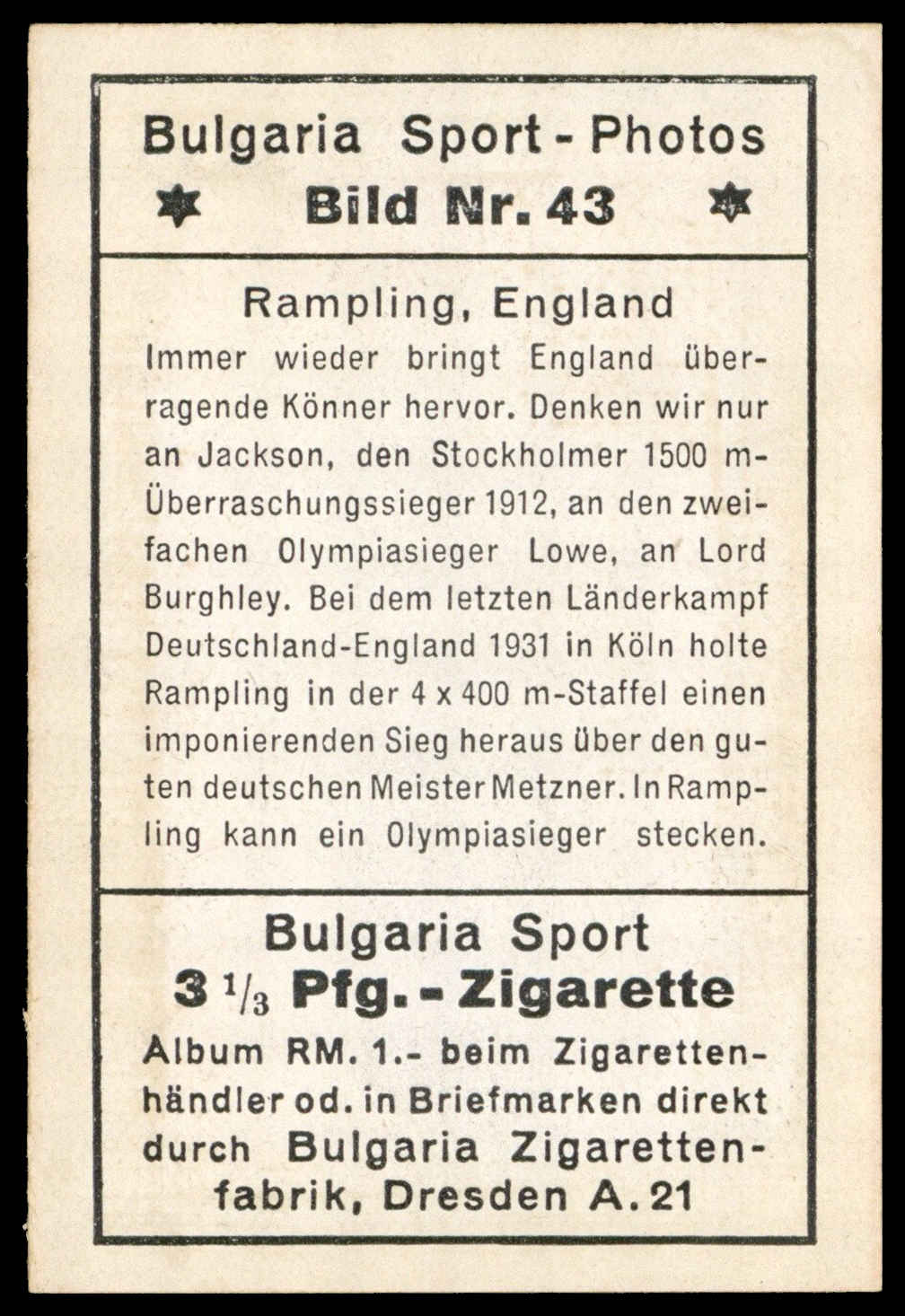 Bulgaria Zigarettenfabrik - 'Sport Photos' (1932) - Rampling - England Bulgaria Zigarettenfabrik - 'Sport Photos' (1932) - Rampling - England