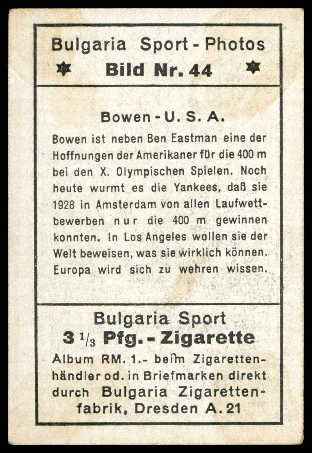 Bulgaria Zigarettenfabrik - 'Sport Photos' (1932) - Bowen - U.S.A. Bulgaria Zigarettenfabrik - 'Sport Photos' (1932) - Bowen - U.S.A.