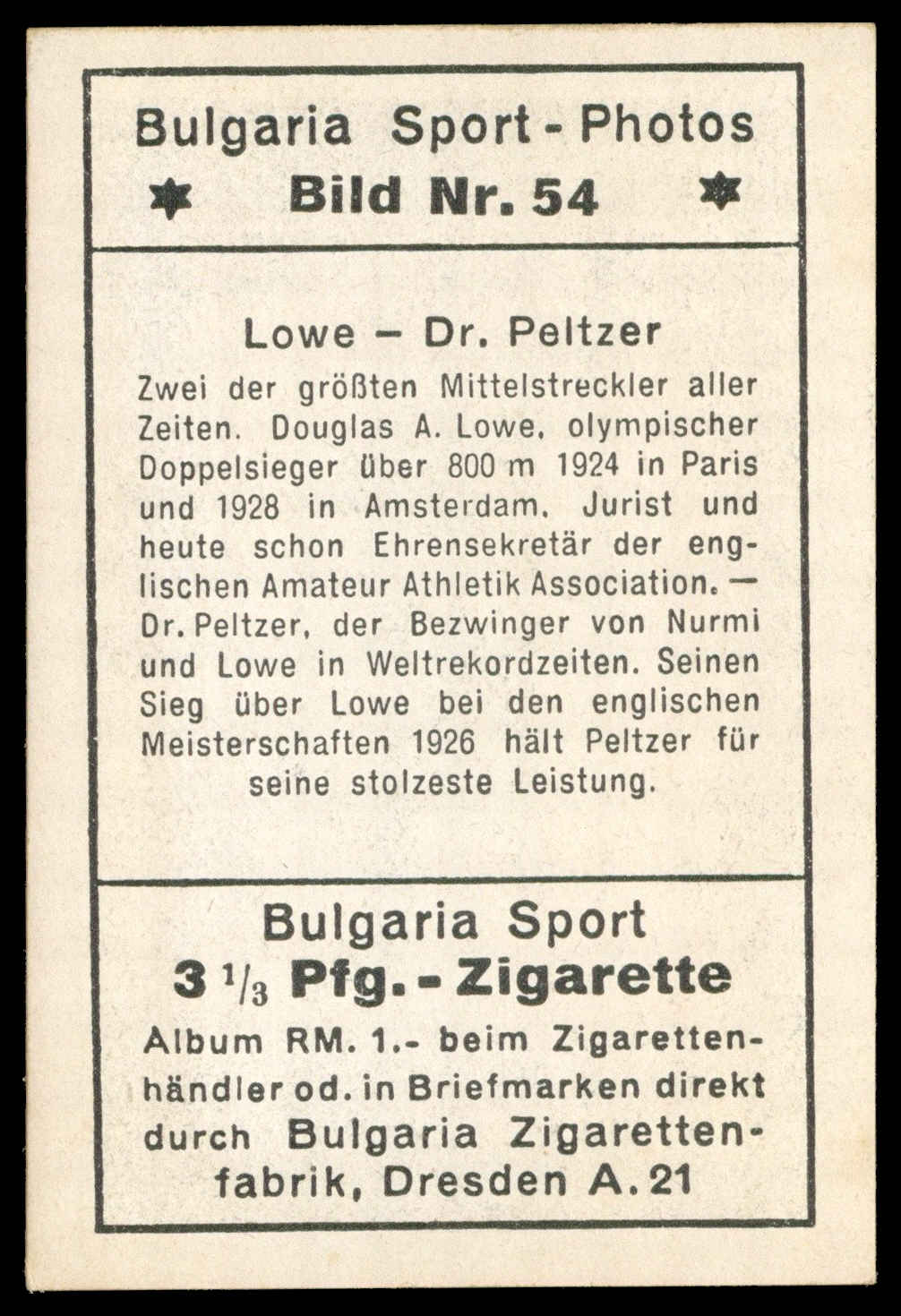 Bulgaria Zigarettenfabrik - 'Sport Photos' (1932) - Lowe - Dr. Peltzer Bulgaria Zigarettenfabrik - 'Sport Photos' (1932) - Lowe - Dr. Peltzer