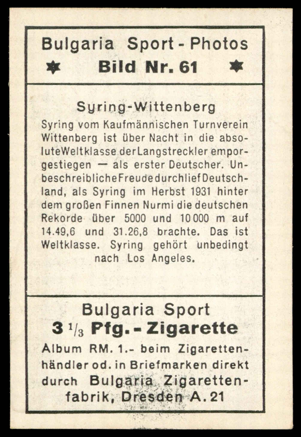 Bulgaria Zigarettenfabrik - 'Sport Photos' (1932) - Syring-Wittenburg Bulgaria Zigarettenfabrik - 'Sport Photos' (1932) - Syring-Wittenburg