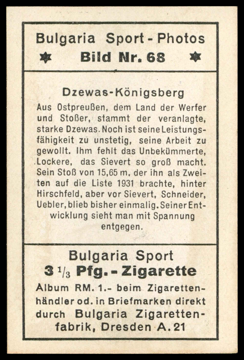 Bulgaria Zigarettenfabrik - 'Sport Photos' (1932) - Dzewas - Konigsberg Bulgaria Zigarettenfabrik - 'Sport Photos' (1932) - Dzewas - Konigsberg