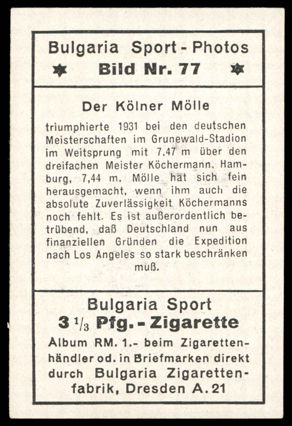 Bulgaria Zigarettenfabrik - 'Sport Photos' (1932) - Der Kolner Molle Bulgaria Zigarettenfabrik - 'Sport Photos' (1932) - Der Kolner Molle