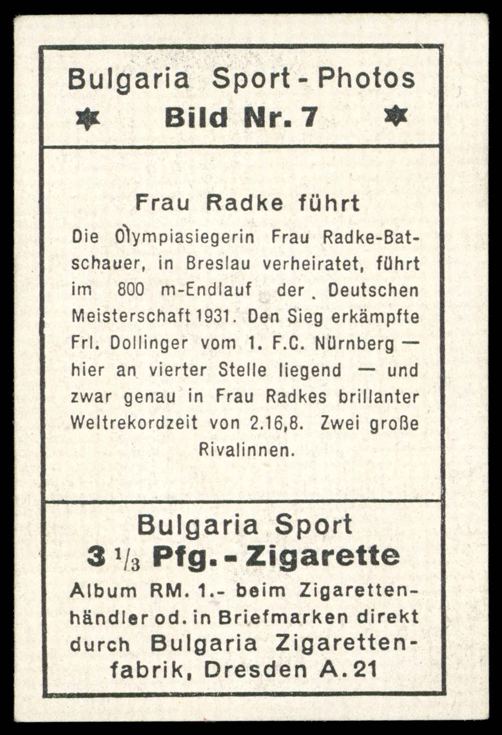 Bulgaria Zigarettenfabrik - 'Sport Photos' (1932) - Frau Radke Fuhrt Bulgaria Zigarettenfabrik - 'Sport Photos' (1932) - Frau Radke Fuhrt