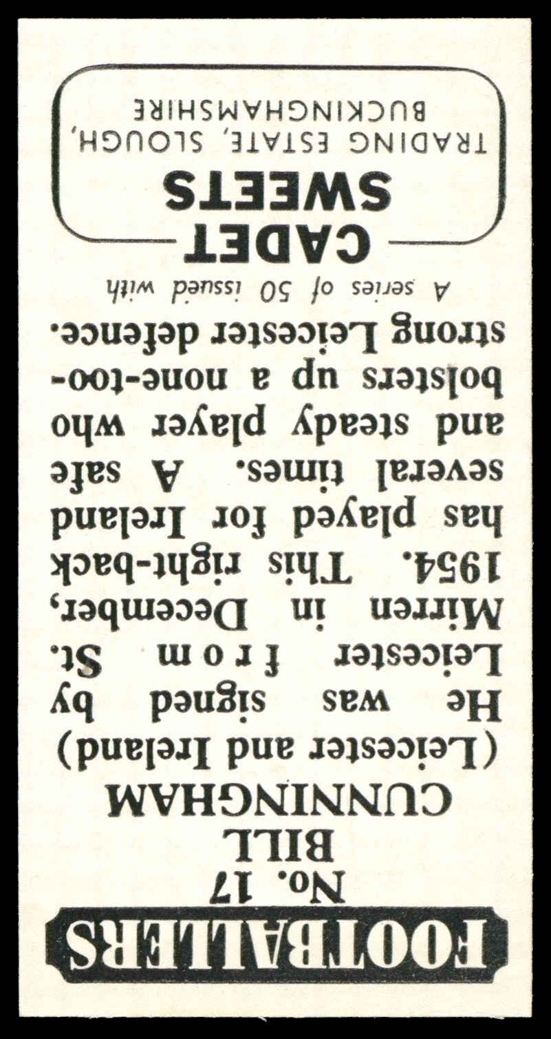 Cadet - 'Footballers (28mm Inverted)' #17 - Bill Cunningham (Leicester City) (1958) Cadet - 'Footballers (28mm Inverted)' #17 - Bill Cunningham (Leicester City) (1958)
