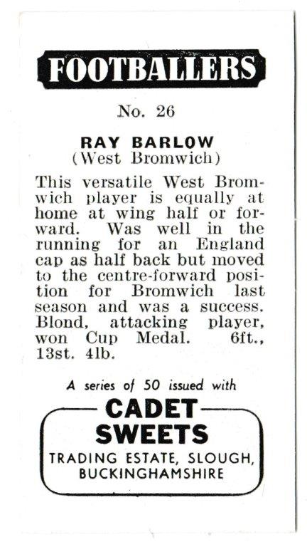 Cadet Sweets - 'Footballers (1957)' - Card #26 - Ray Barlow (West Bromwich Albion) Cadet Sweets - 'Footballers (1957)' - Card #26 - Ray Barlow (West Bromwich Albion)
