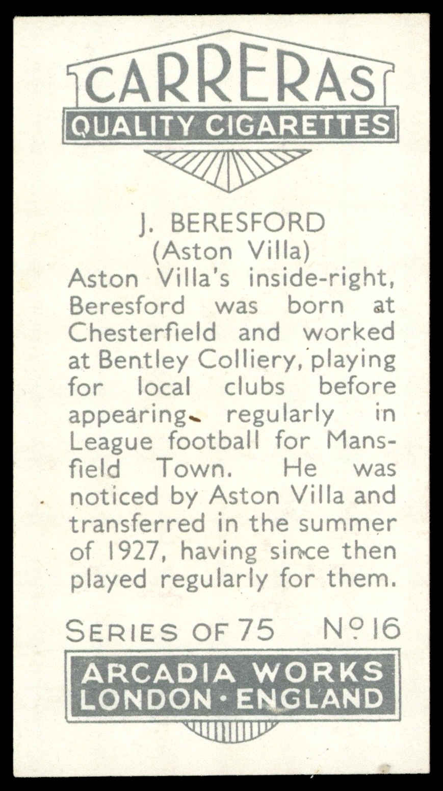 Carreras - 'Footballers (26mm)' (1934) - #16 - J. Beresford (Aston Villa) Carreras - 'Footballers (26mm)' (1934) - #16 - J. Beresford (Aston Villa)