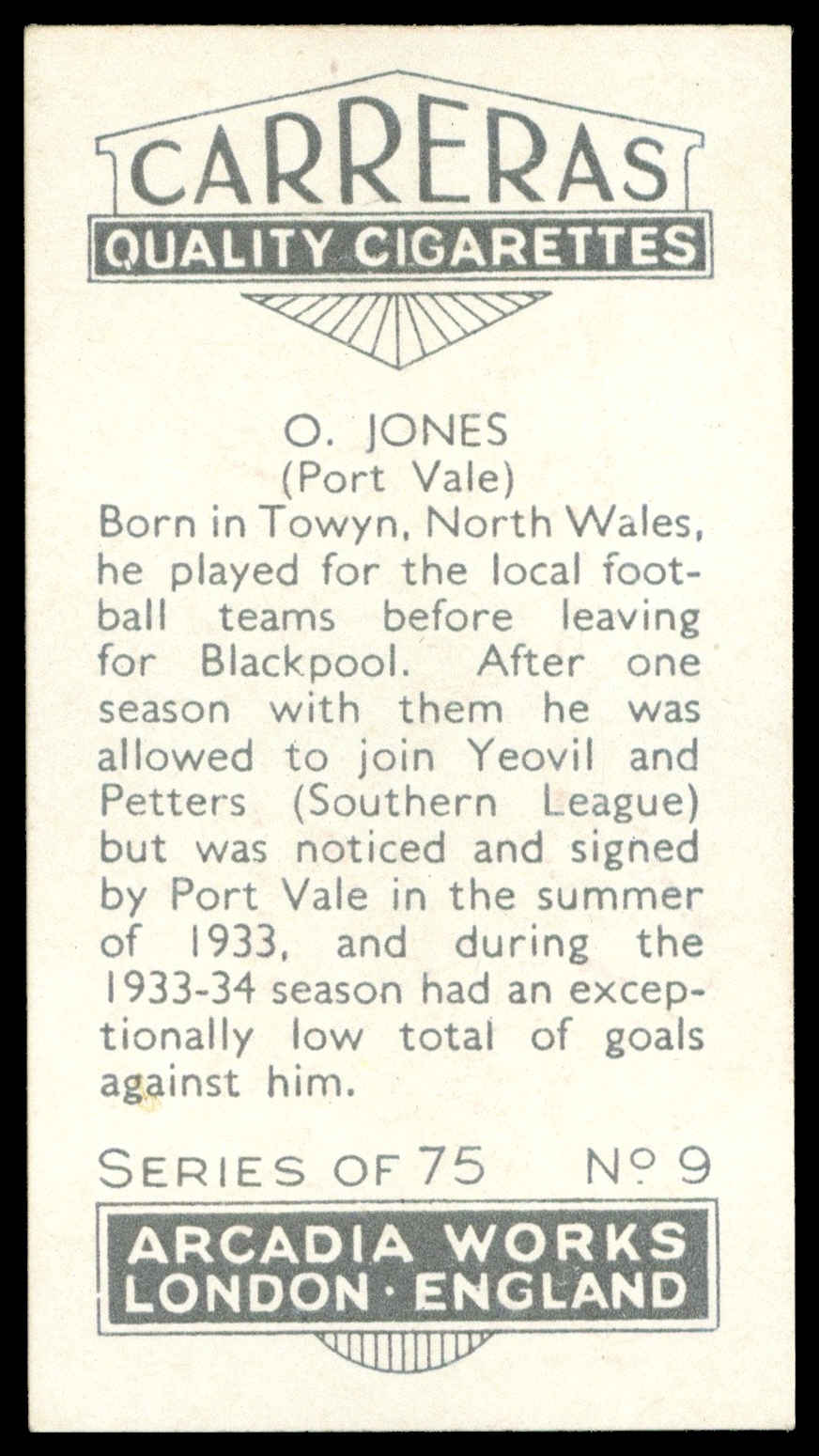 Carreras - 'Footballers (26mm)' (1934) - #9 - O. Jones (Norwich City) Carreras - 'Footballers (26mm)' (1934) - #9 - O. Jones (Norwich City)