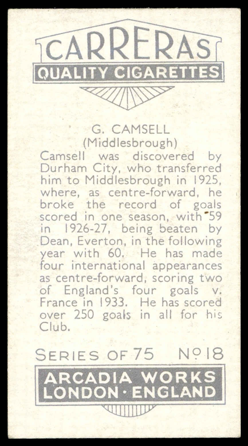 Carreras - 'Footballers (27mm)' (1934) - #18 - G. Camsell (Middlesbrough) Carreras - 'Footballers (27mm)' (1934) - #18 - G. Camsell (Middlesbrough)