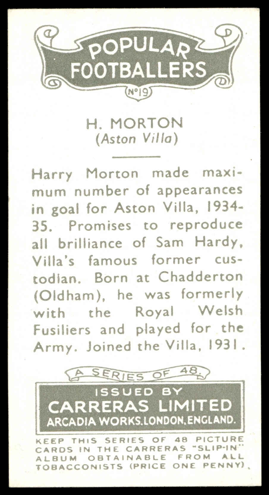 Carreras - 'Popular Footballers (White)' (1936) - #19 - H. Morton (Aston Villa) Carreras - 'Popular Footballers (White)' (1936) - #19 - H. Morton (Aston Villa)
